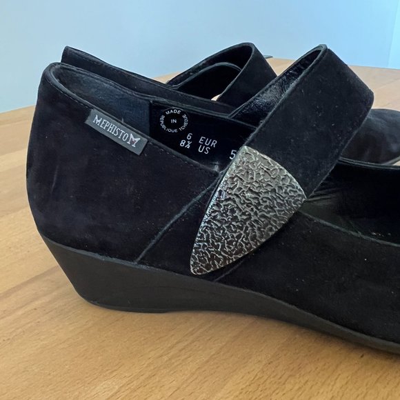 Mephisto Kimona Black Suede Leather Wedge‎ Mary Jane Metal Strap Comfort Shoe - Picture 3 of 11